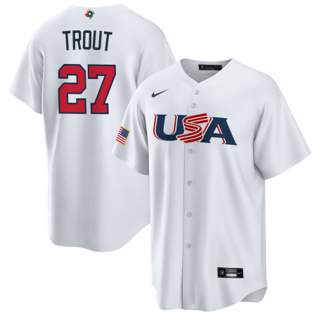 Men's USA Baseball #27 Mike Trout 2023 White World Baseball Classic Replica Stitched Jersey